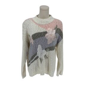 VTG Colleen's Collectables Women's Cream Floral Applique Knit Mock Neck Sweater